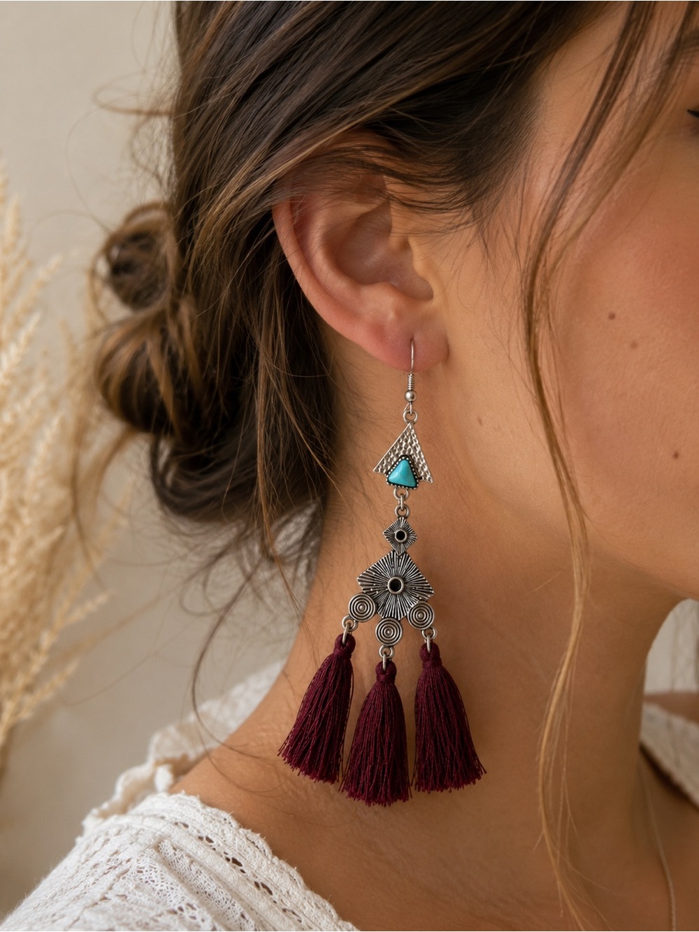 Burgundy Tassel Drop Earrings with Turquoise Accent